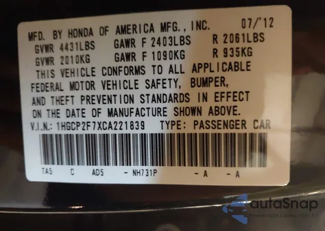 2012 Honda Accord 2.4 Ex from USA, damaged, VIN 1HGCP2F7XCA221839